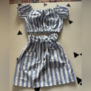 Shein|Big girl two piece matching set in stripes,crop top & skirt set•••cotton